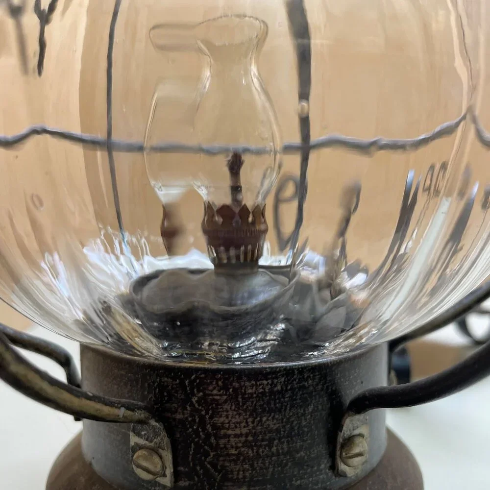 Rare Antique-Style 3 Piece Black Metal & Glass Lantern With Decorative Stand and
